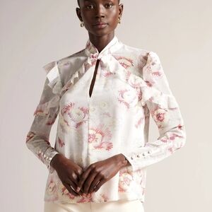 Ted Baker Thellma Twist Neck Frill Detail Sheer Long Sleeve Blouse Size 1